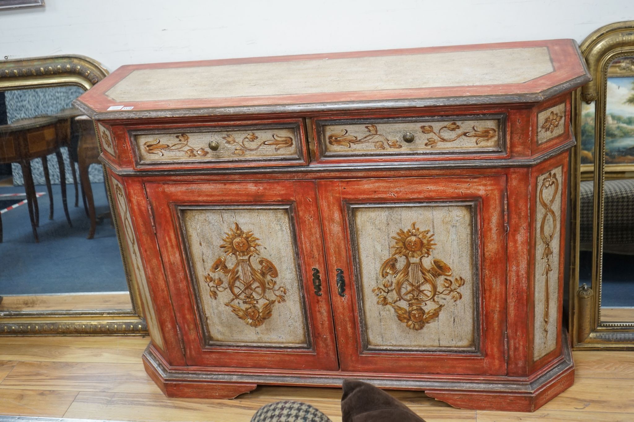 An 18th century French provincial style painted two door side cabinet, length 150cm, depth 49cm, height 105cm